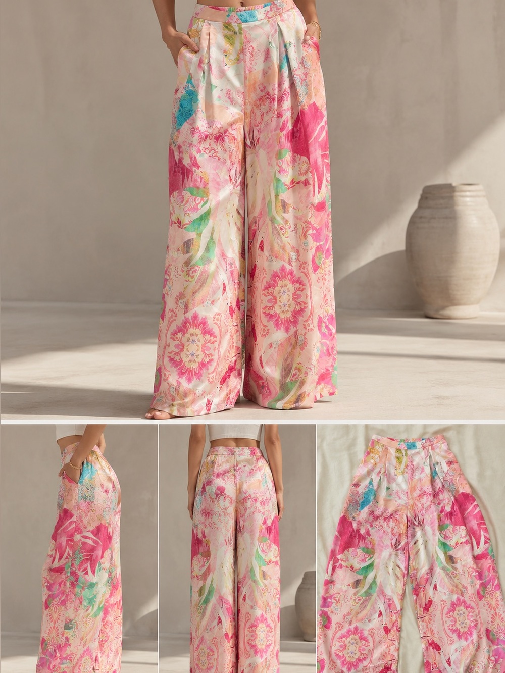 SPELL Painter's Garden Wide-Leg Pants Floral Wide-Leg Palazzo Pants - Pink Multi